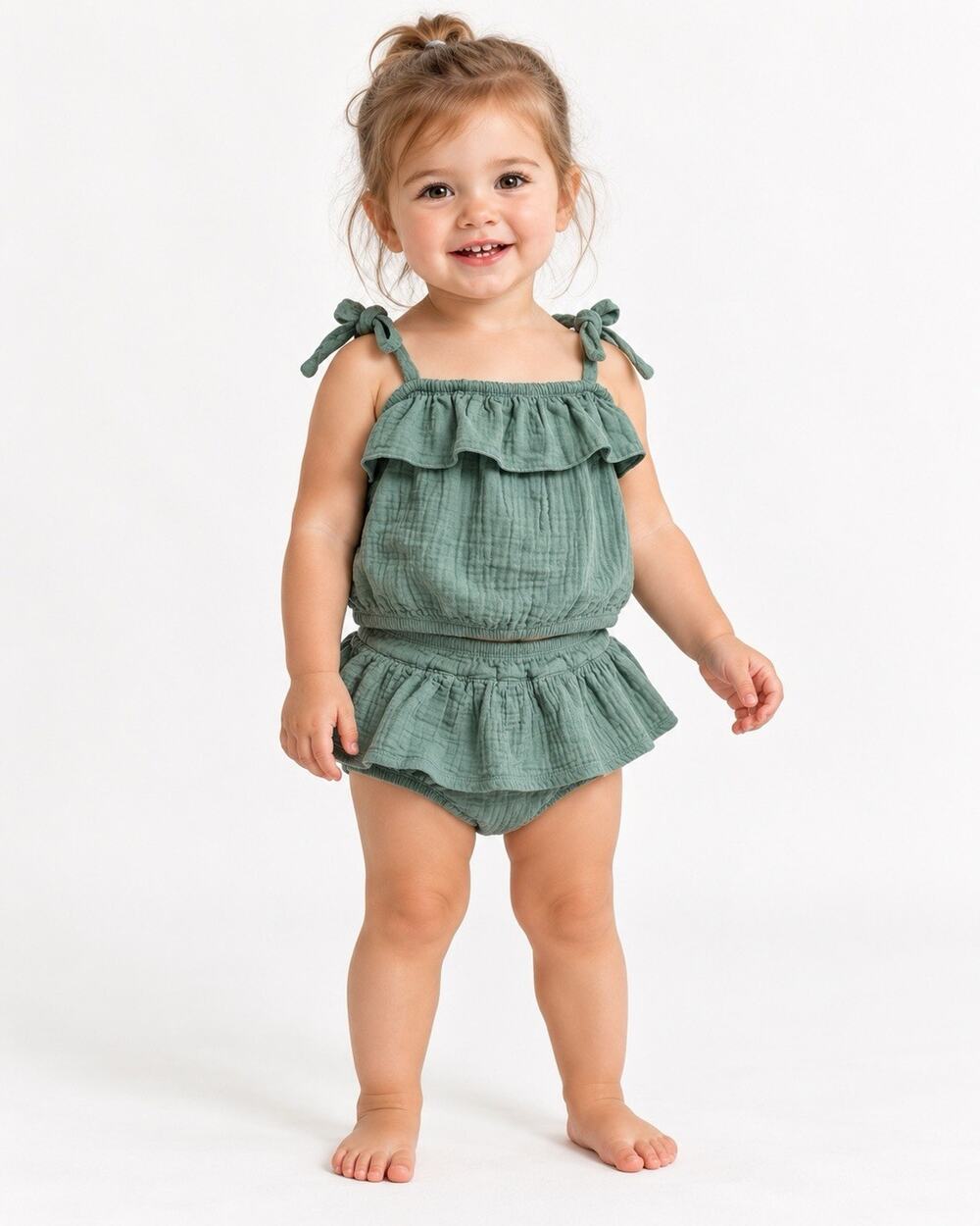 Grayson Mini Baby Girls 18M Green Muslin Ruffle Top Bloomer Shorts 2pc Set